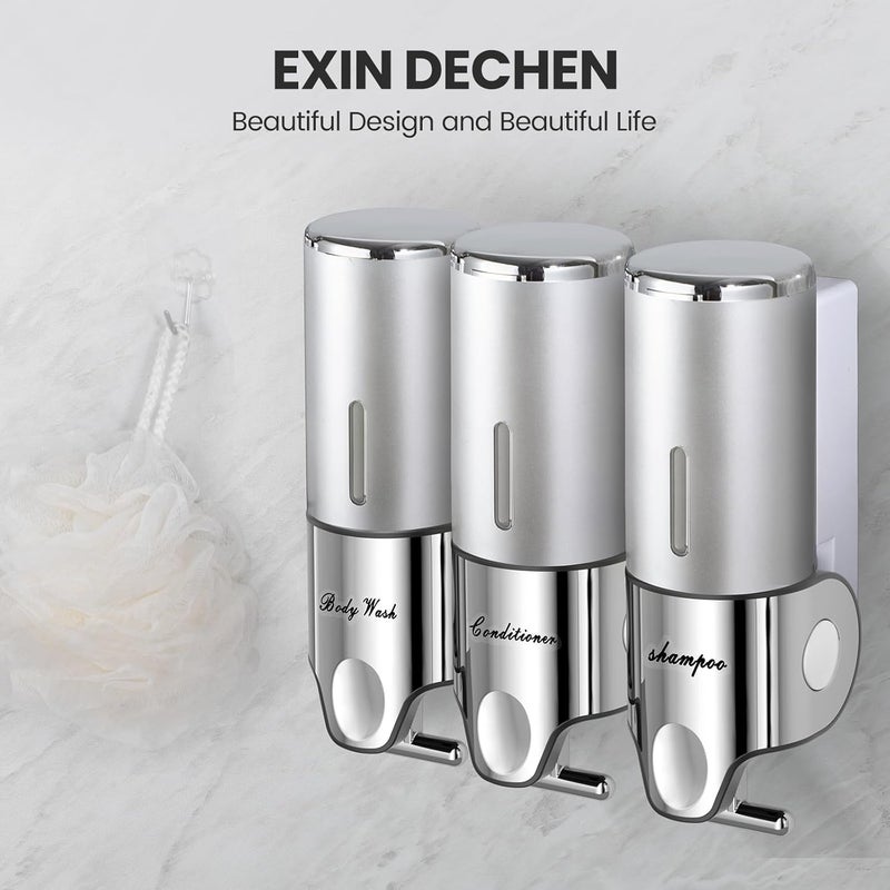 EXIN DECHEN موزع شامبو وبلسم، موزعات للاستحمام، موزع صابون للاستحمام 3 غرف بدون حفر، موزع شامبو وبلسم وغسول الجسم مثبت على الحائط للحمام (ثلاثي 17.6 أونصة، فضي) - Image 4
